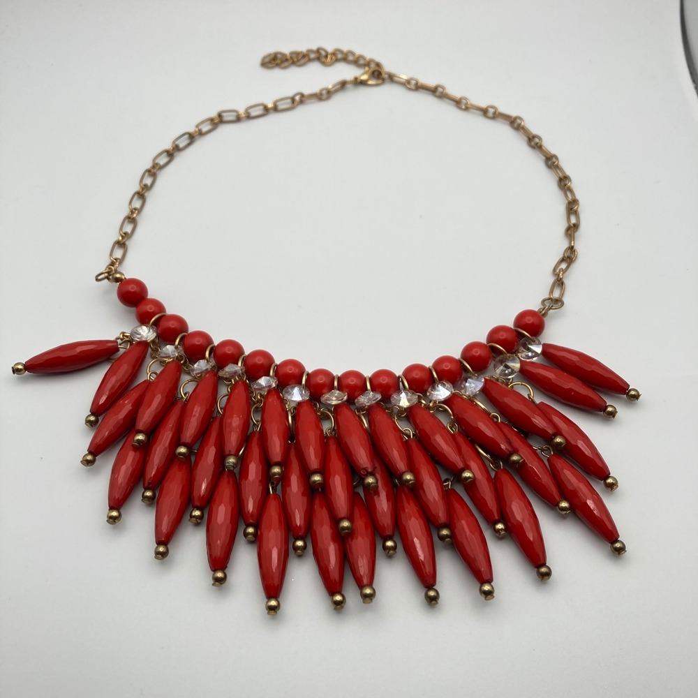 Red Statement Fringe Bib Necklace Gold Tone Faceted Bead Crystal Accent 18in